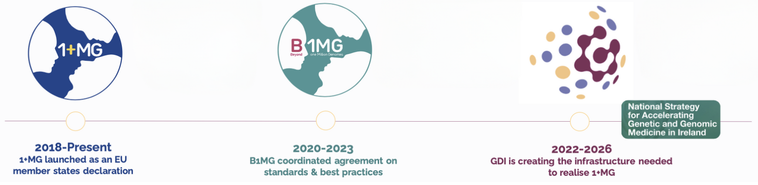 This image is a timeline of the 1+ million genomes initiative. First we see the 1+ million genomes logo which is a blue and white circle in the shape of 3 faces. Under this text reads 2018-present 1+MG launched as an EU member states declaration. Next is the beyond one million genomes logo which is the same as the 1+mg logo but is green. Text underneath this reads 2020-2023 B1MG coordinated agreement on standards and best practices. Next is the genomic data infrastructure project logo. It is a collection of interconnected circles that make a sphere shape. Text underneath this reads 2022-2026, GDI is creating the infrasructure needed to realise 1+MG. A green box next to this shows the Irish national strategy for accellerating genetic and genomic medicine in Ireland at the same point in the timeline. 