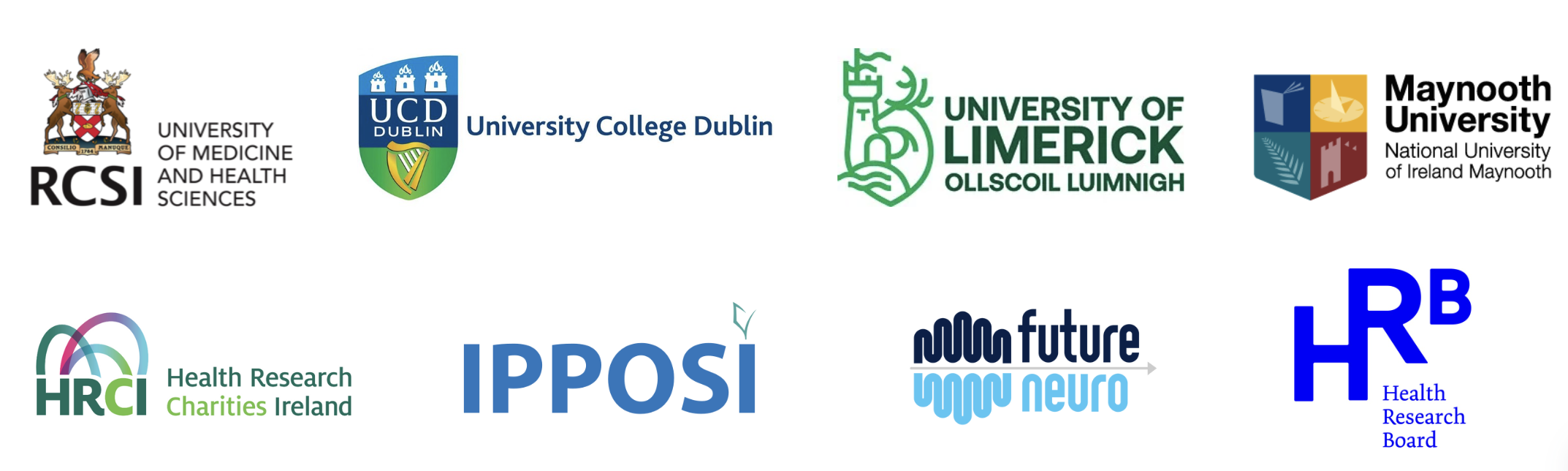 This image displays 8 logos in the following order: The royal college of surgeons in Ireland, university college dublin, university of limerick. maynooth university, health research charities ireland, the irish platform for patient organisations science and industry, FutureNeuro and the health research board