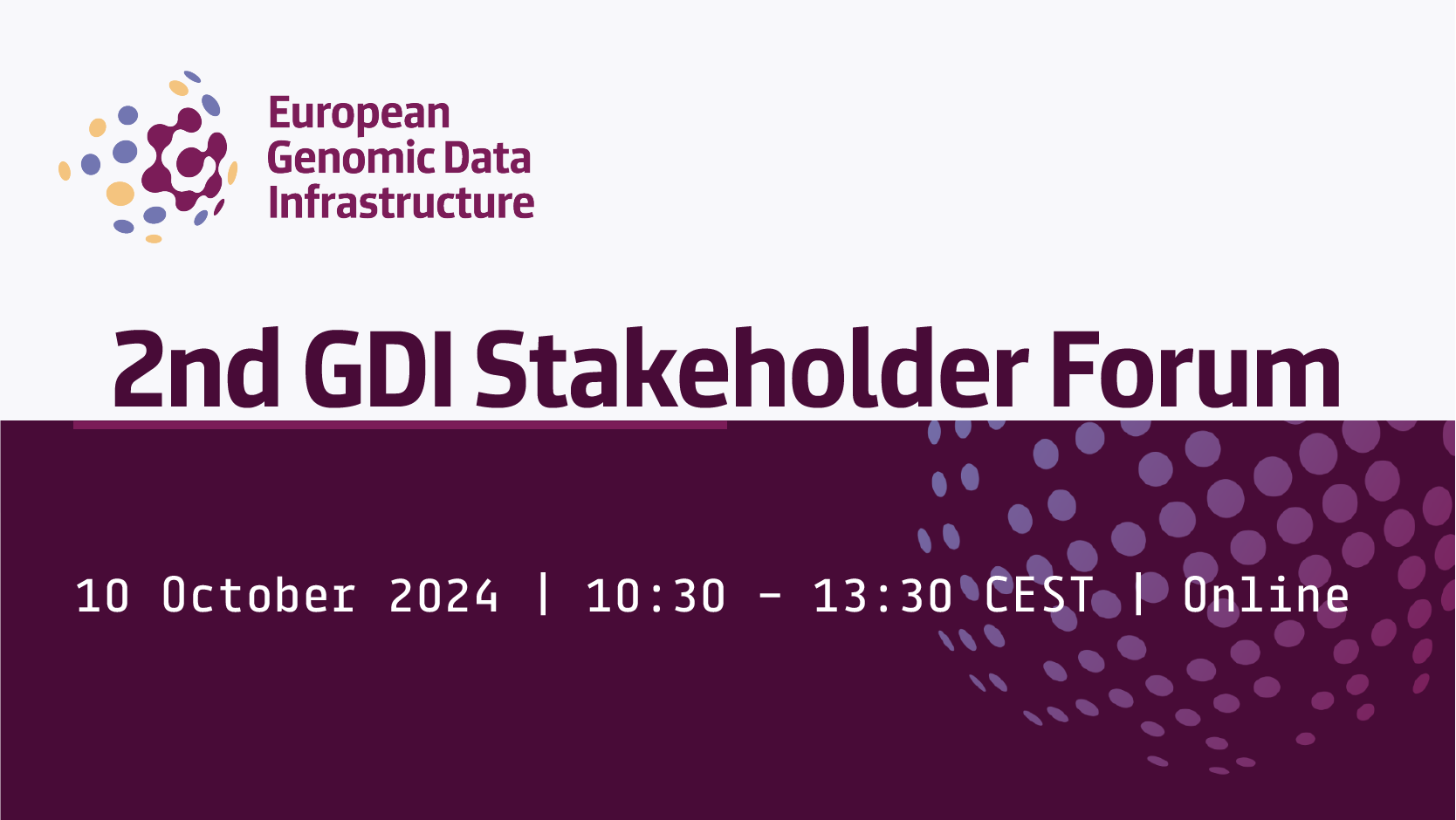 An infographic with the GDI europe logo, reading 2nd GDI stakeholder forum 10-Oct 2024 10:30-13:30 CEST online.