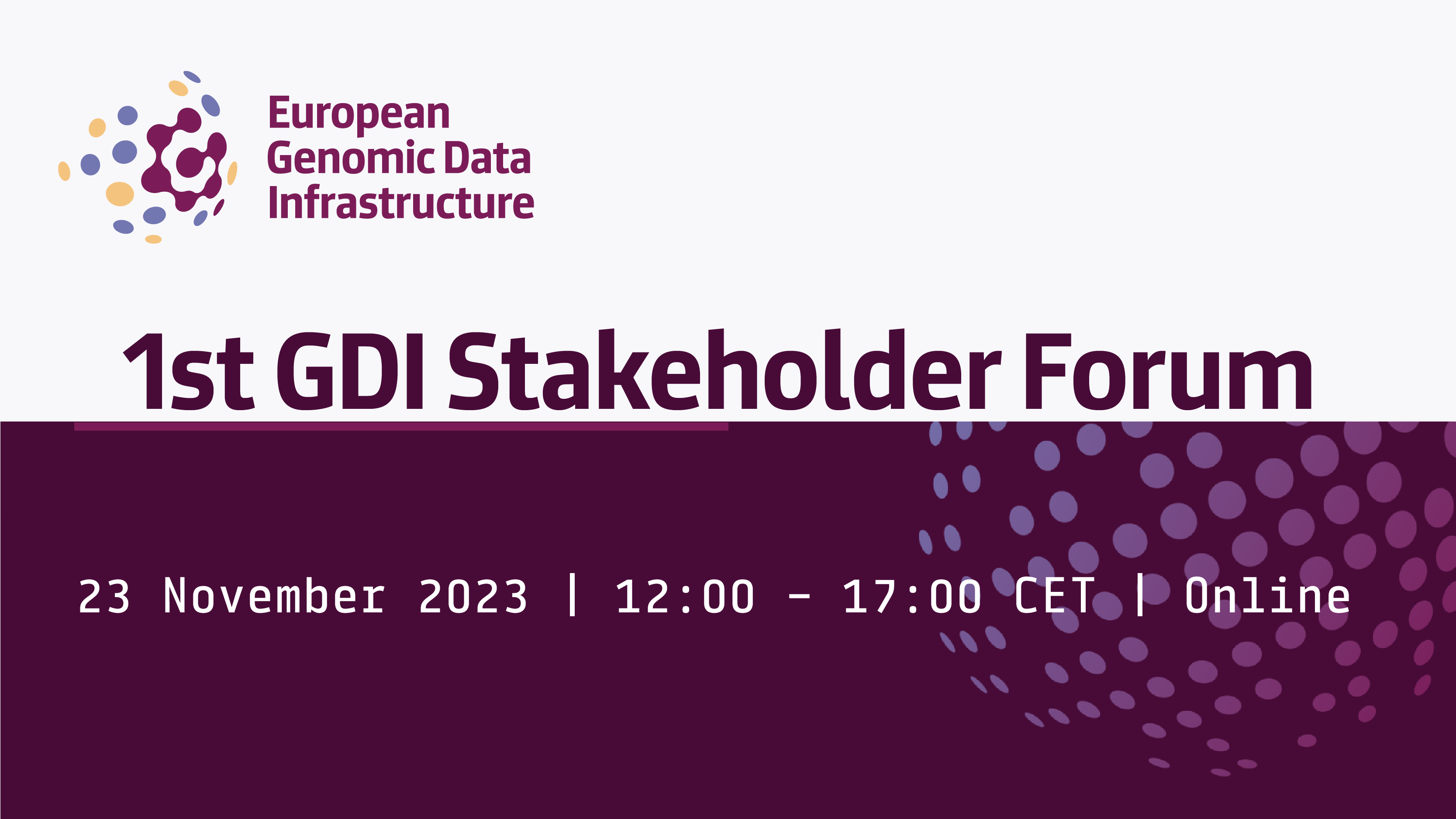 An infographic with the GDI europe logo, reading 1st GDI stakeholder forum 23-Nov 2023 12:00-17:00 CET online